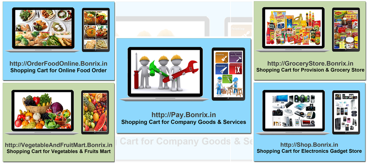 Bonrix online shopping solutions showcasing various shopping carts for online food orders, groceries, fruits and vegetables, electronics gadgets, and company goods and services. Convenient e-commerce options for diverse products and industries.